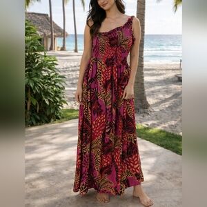 Sincerely Jules One Shoulder Tropical Maxi Dress Pink Fuchsia Boho Resort Size M
